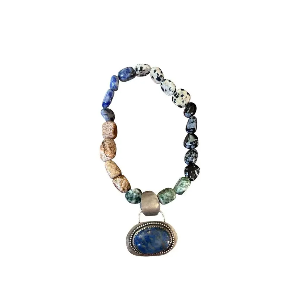 Lapis Dalmatian Jasper Picture Jasper Silver Stretchy Bracelet Hand Strung